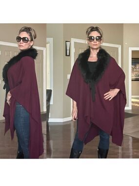 Jacques Vert plum burgundy Wool Cashmere Poncho cape shawl faux fur trim ribbon